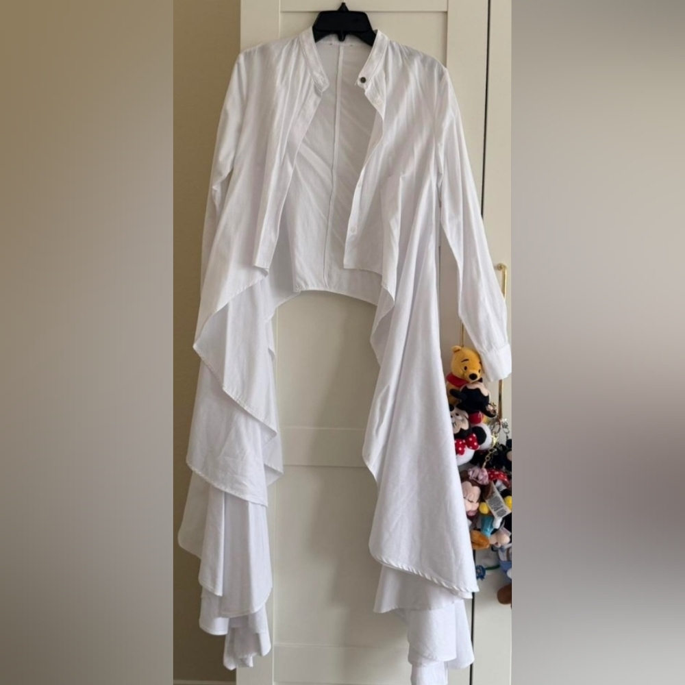 White Asymmetrical Ruffle Button-Front Top With White Dress